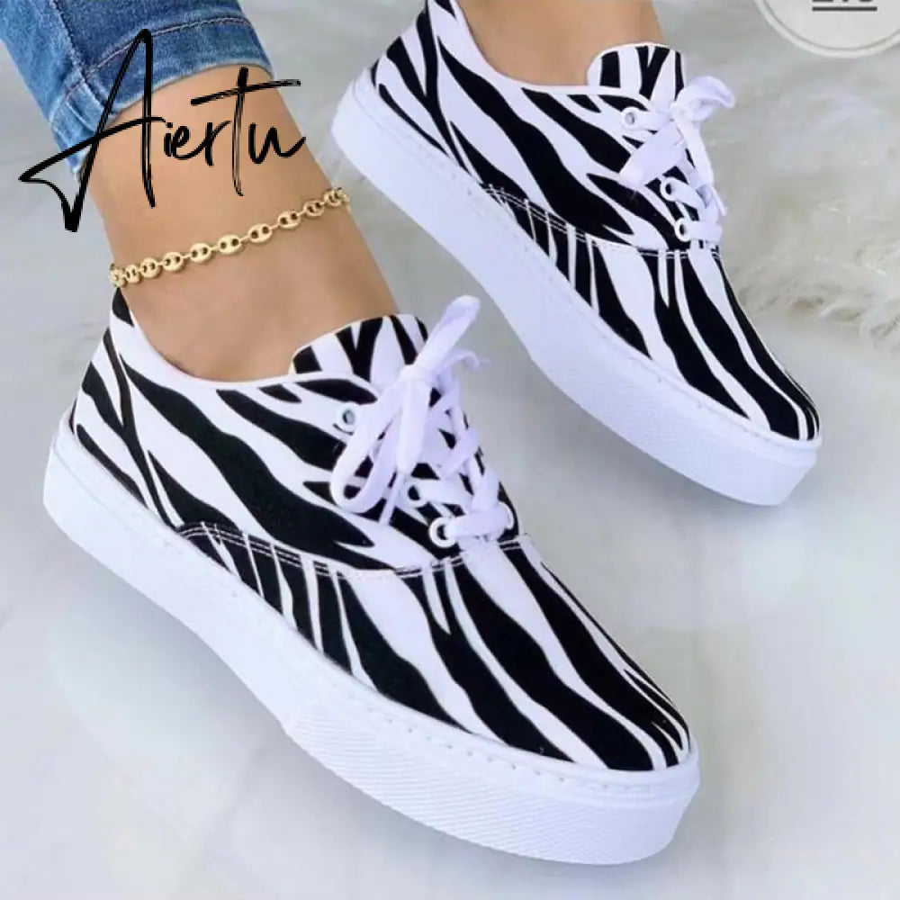 Aiertu Zebra Print Women Shoes Spring Plaid Lace-Up Sneakers Print Fashion Canvas Sneakers Light Size 43 Walking Vulcanized Shoes туфли Aiertu