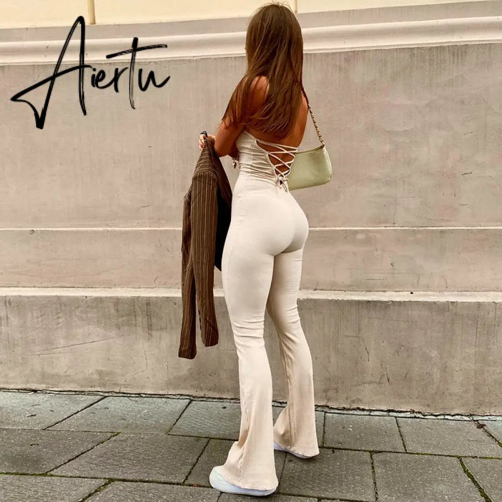 Aieru Bandage Sexy Backless Elegant Strapless Jumpsuits Women Club Party Flare Pants Rompers One Piece Outfits Overalls Aiertu