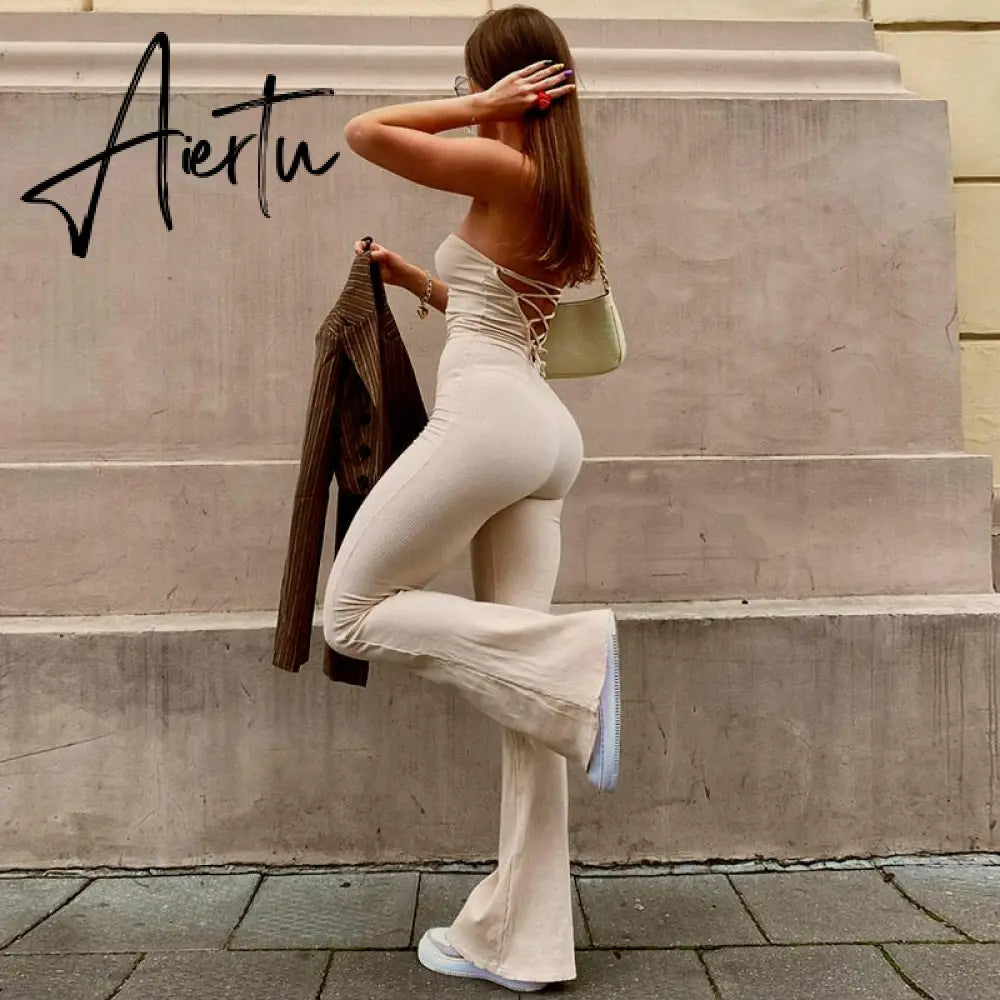 Aieru Bandage Sexy Backless Elegant Strapless Jumpsuits Women Club Party Flare Pants Rompers One Piece Outfits Overalls Aiertu