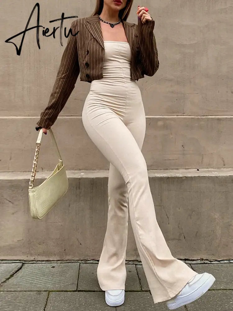 Aieru Bandage Sexy Backless Elegant Strapless Jumpsuits Women Club Party Flare Pants Rompers One Piece Outfits Overalls Aiertu