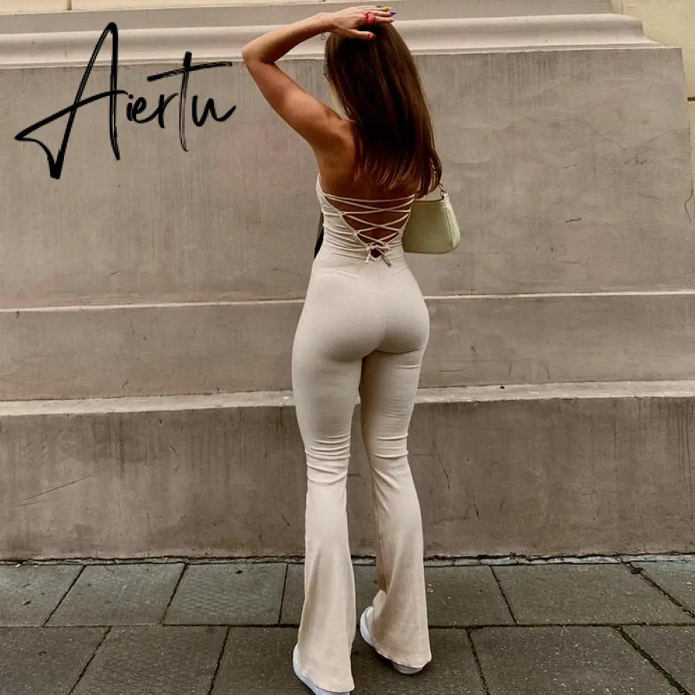 Aieru Bandage Sexy Backless Elegant Strapless Jumpsuits Women Club Party Flare Pants Rompers One Piece Outfits Overalls Aiertu