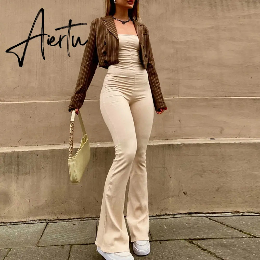 Aieru Bandage Sexy Backless Elegant Strapless Jumpsuits Women Club Party Flare Pants Rompers One Piece Outfits Overalls Aiertu