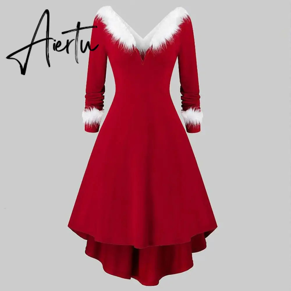 Aieru Christmas Costume Party Dress Women Long Sleeve Deep V-neck Vintage Elegant Winter Dress New Year Holiday Robe Aiertu