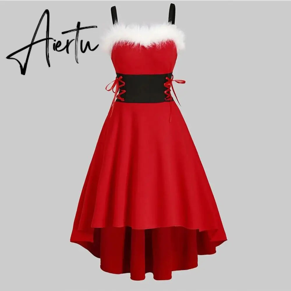 Aieru Christmas Costume Party Dress Women Long Sleeve Deep V-neck Vintage Elegant Winter Dress New Year Holiday Robe Aiertu