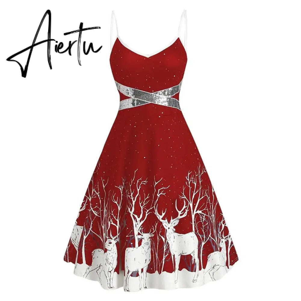 Aieru Christmas Costume Party Dress Women Long Sleeve Deep V-neck Vintage Elegant Winter Dress New Year Holiday Robe Aiertu
