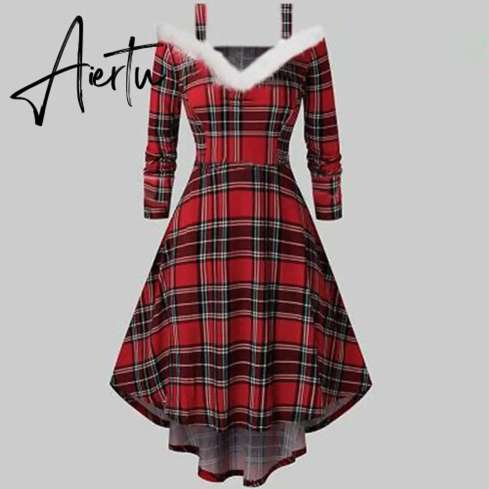 Aieru Christmas Costume Party Dress Women Long Sleeve Deep V-neck Vintage Elegant Winter Dress New Year Holiday Robe Aiertu