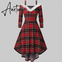 Aieru Christmas Costume Party Dress Women Long Sleeve Deep V-neck Vintage Elegant Winter Dress New Year Holiday Robe Aiertu
