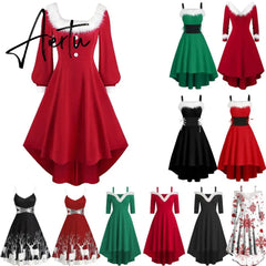 Aieru Christmas Costume Party Dress Women Long Sleeve Deep V-neck Vintage Elegant Winter Dress New Year Holiday Robe Aiertu