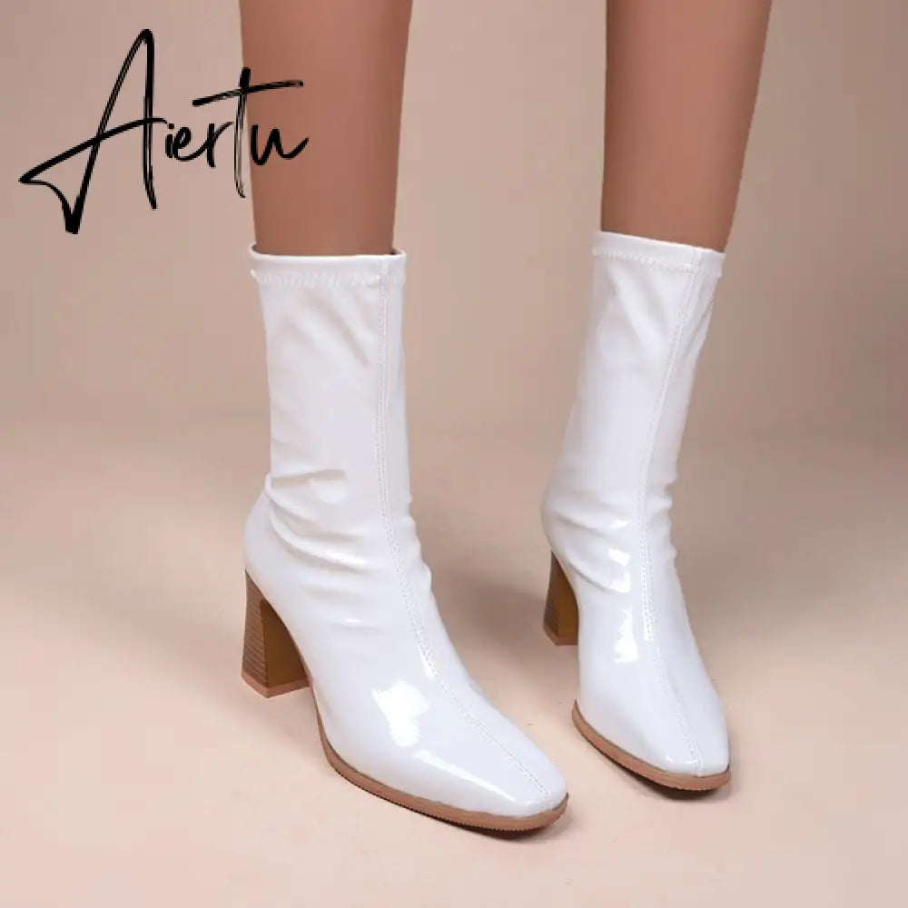 Aieru Designer Brand Luxury Women Modern Boots High Heel Boots Motorcycle Boots Patent Leather White Pu Leather Boots Goth Botas Aiertu