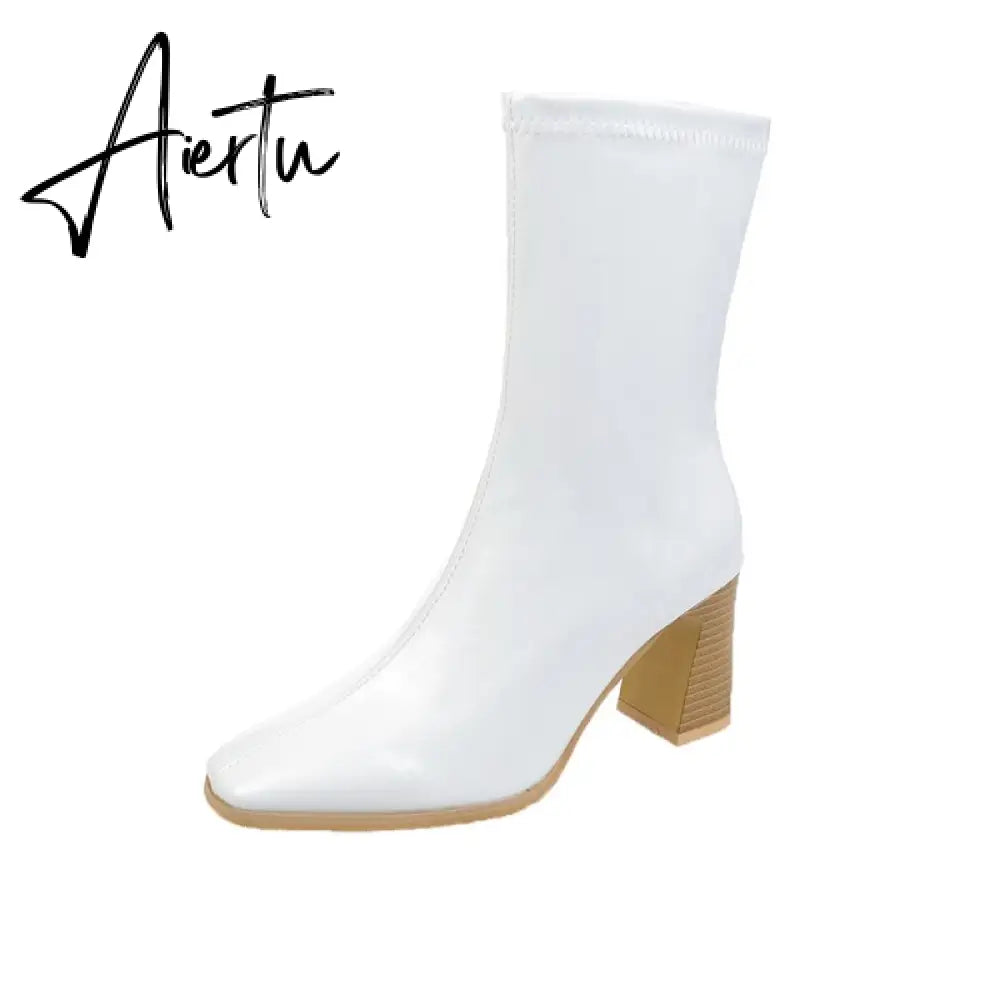 Aieru Designer Brand Luxury Women Modern Boots High Heel Boots Motorcycle Boots Patent Leather White Pu Leather Boots Goth Botas Aiertu
