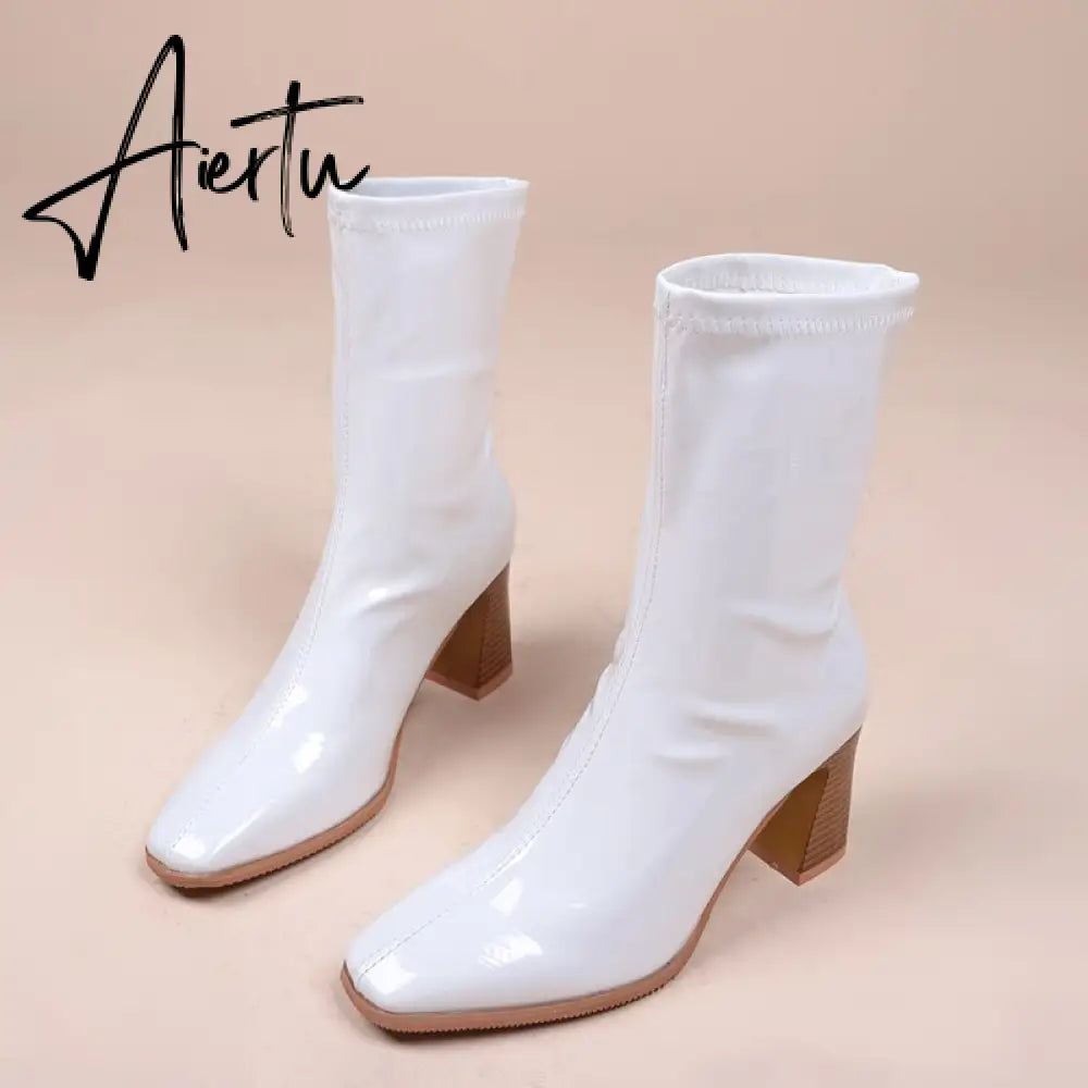Aieru Designer Brand Luxury Women Modern Boots High Heel Boots Motorcycle Boots Patent Leather White Pu Leather Boots Goth Botas Aiertu