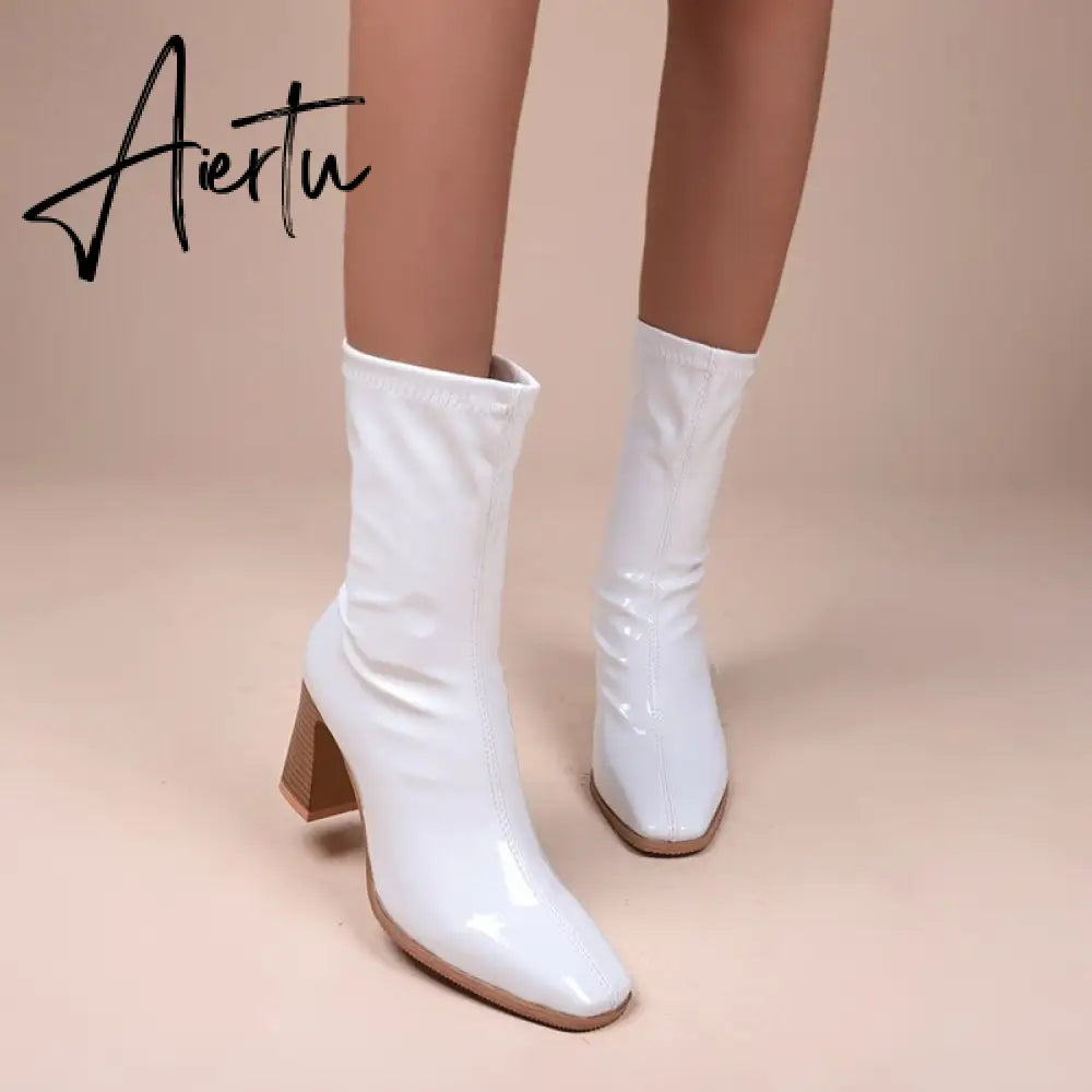 Aieru Designer Brand Luxury Women Modern Boots High Heel Boots Motorcycle Boots Patent Leather White Pu Leather Boots Goth Botas Aiertu