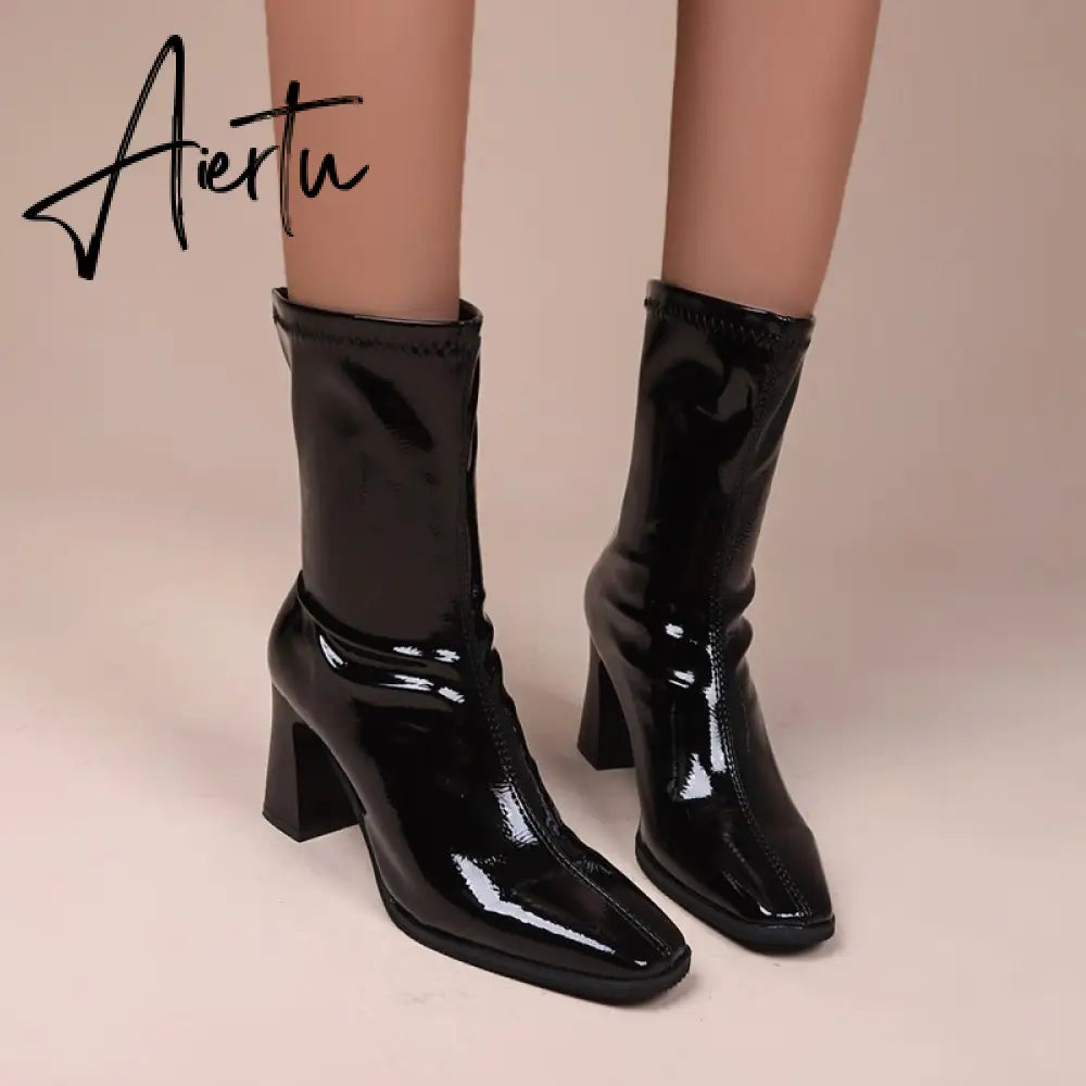 Aieru Designer Brand Luxury Women Modern Boots High Heel Boots Motorcycle Boots Patent Leather White Pu Leather Boots Goth Botas Aiertu