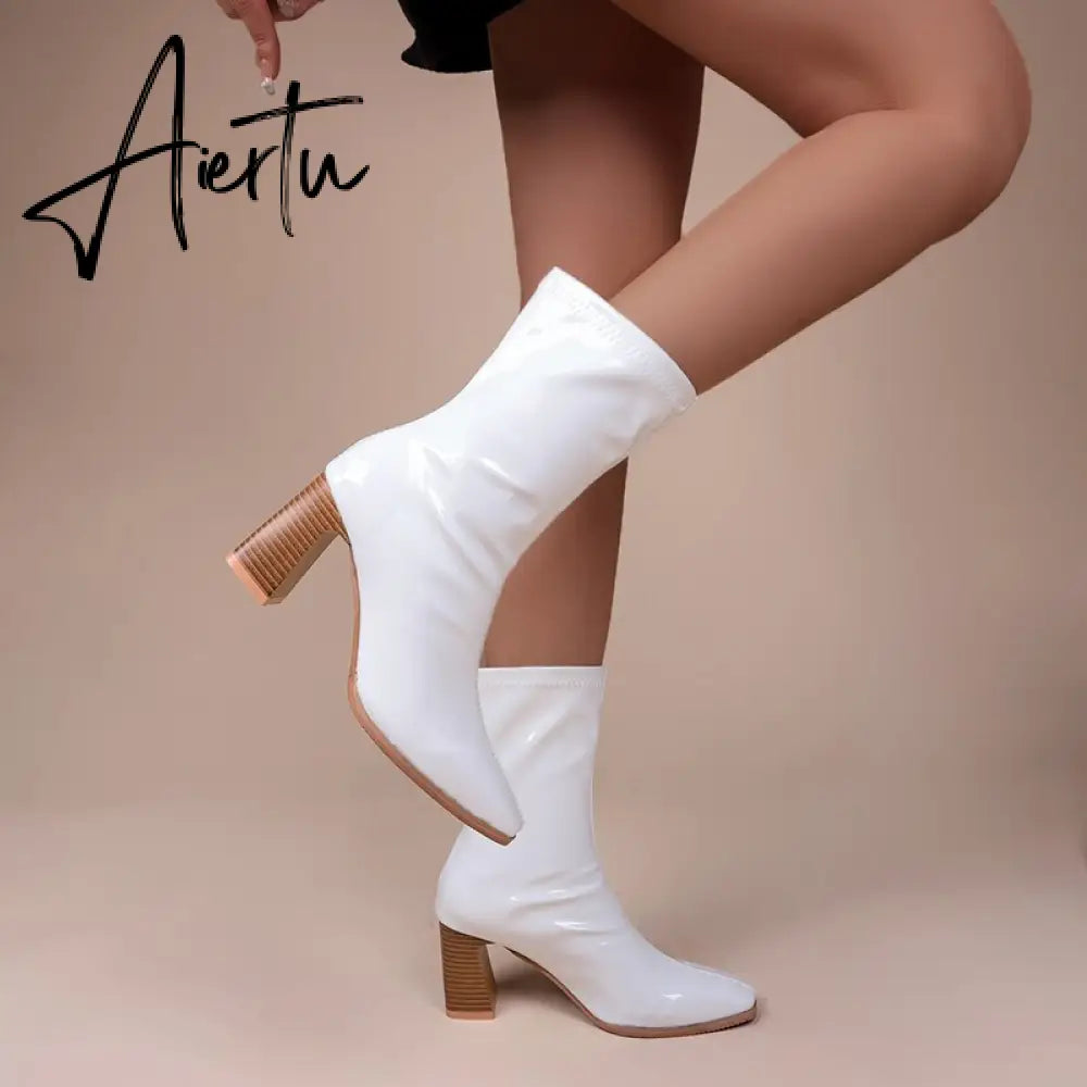 Aieru Designer Brand Luxury Women Modern Boots High Heel Boots Motorcycle Boots Patent Leather White Pu Leather Boots Goth Botas Aiertu