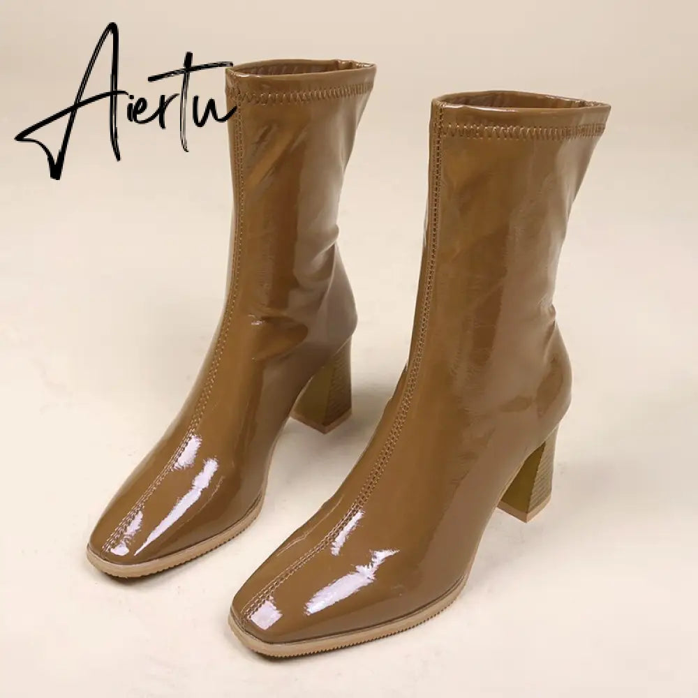 Aieru Designer Brand Luxury Women Modern Boots High Heel Boots Motorcycle Boots Patent Leather White Pu Leather Boots Goth Botas Aiertu