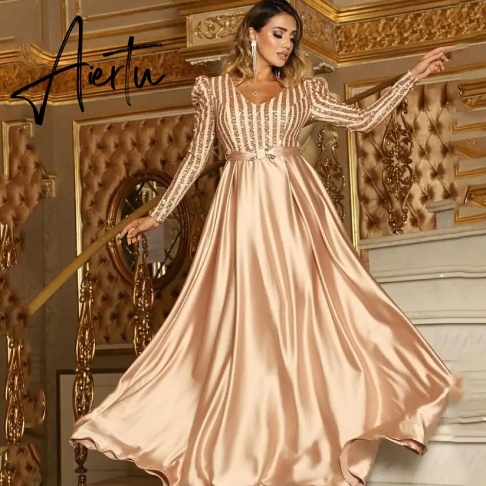 Aieru New Fashion Women Lady Sexy Deep V-neck Sequin Long SleeveFloor Length Bling Big Hem Party Wedding Evening Maxi Dress Aiertu
