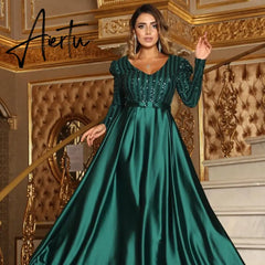 Aieru New Fashion Women Lady Sexy Deep V-neck Sequin Long SleeveFloor Length Bling Big Hem Party Wedding Evening Maxi Dress Aiertu