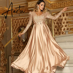 Aieru New Fashion Women Lady Sexy Deep V-neck Sequin Long SleeveFloor Length Bling Big Hem Party Wedding Evening Maxi Dress Aiertu