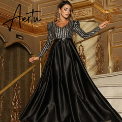 Aieru New Fashion Women Lady Sexy Deep V-neck Sequin Long SleeveFloor Length Bling Big Hem Party Wedding Evening Maxi Dress Aiertu