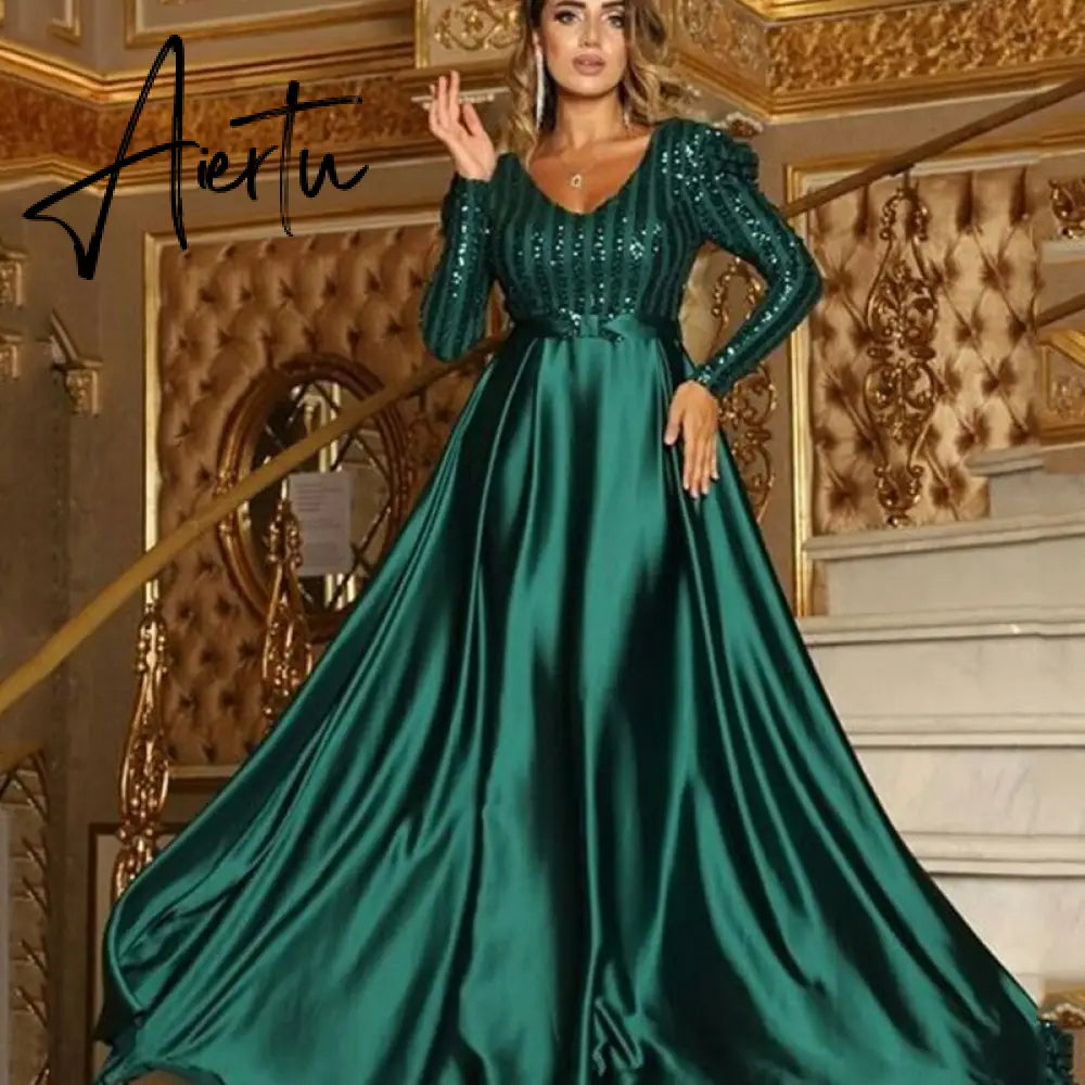 Aieru New Fashion Women Lady Sexy Deep V-neck Sequin Long SleeveFloor Length Bling Big Hem Party Wedding Evening Maxi Dress Aiertu