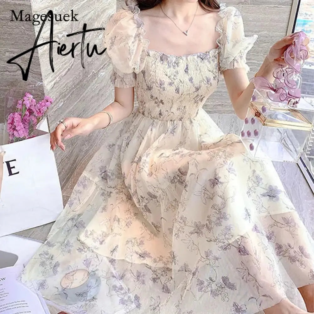 Aieru Sexy Sling Ruffle Strapless Slit Party Dress Women Summer Elegant Off Shoulder V Neck Long Dress Spring Floral Print Slim Dress Aiertu