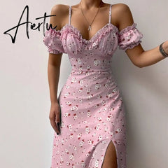 Aieru Sexy Sling Ruffle Strapless Slit Party Dress Women Summer Elegant Off Shoulder V Neck Long Dress Spring Floral Print Slim Dress Aiertu