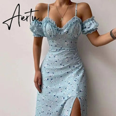 Aieru Sexy Sling Ruffle Strapless Slit Party Dress Women Summer Elegant Off Shoulder V Neck Long Dress Spring Floral Print Slim Dress Aiertu