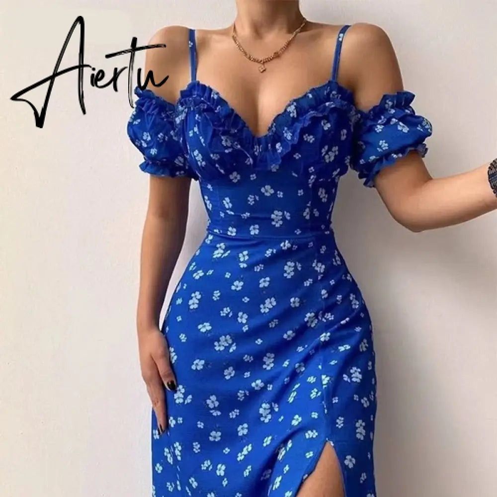 Aieru Sexy Sling Ruffle Strapless Slit Party Dress Women Summer Elegant Off Shoulder V Neck Long Dress Spring Floral Print Slim Dress Aiertu