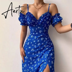 Aieru Sexy Sling Ruffle Strapless Slit Party Dress Women Summer Elegant Off Shoulder V Neck Long Dress Spring Floral Print Slim Dress Aiertu