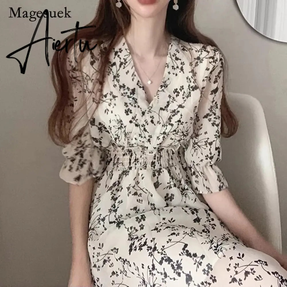 Aieru Sexy Sling Ruffle Strapless Slit Party Dress Women Summer Elegant Off Shoulder V Neck Long Dress Spring Floral Print Slim Dress Aiertu
