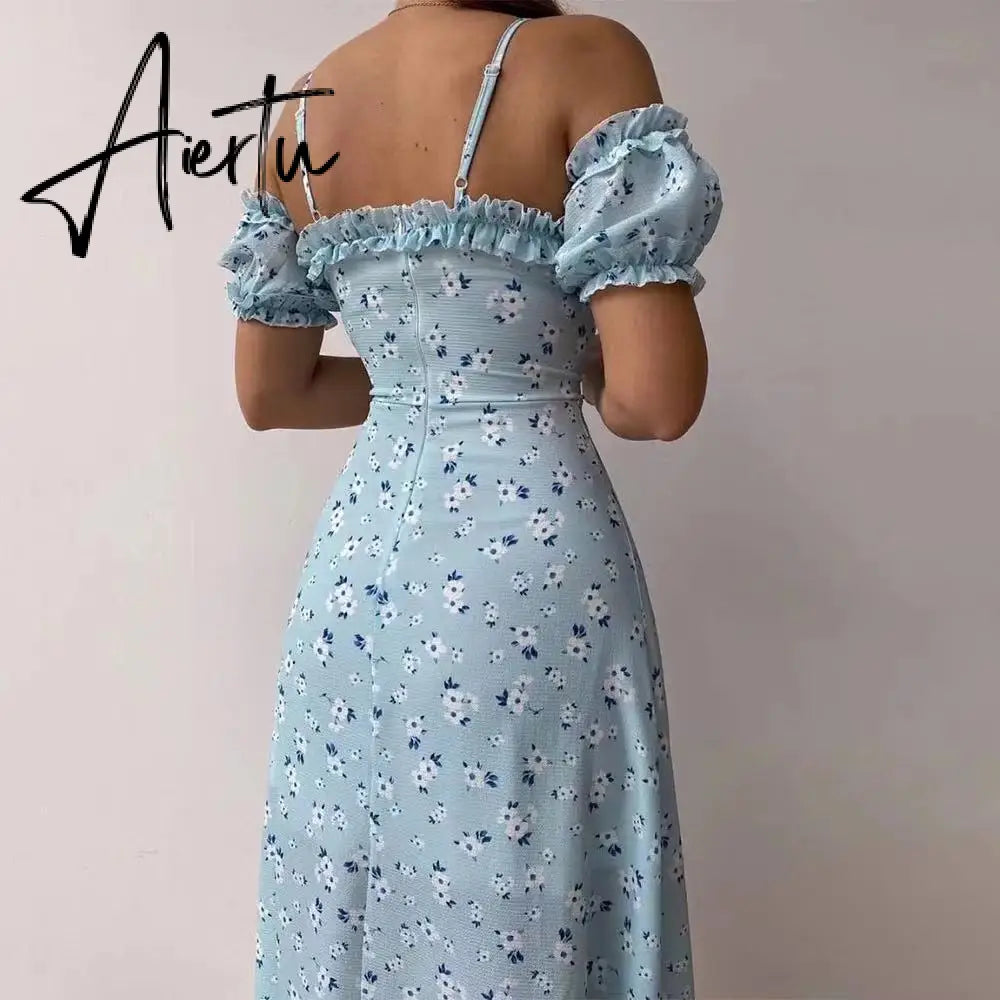 Aieru Sexy Sling Ruffle Strapless Slit Party Dress Women Summer Elegant Off Shoulder V Neck Long Dress Spring Floral Print Slim Dress Aiertu