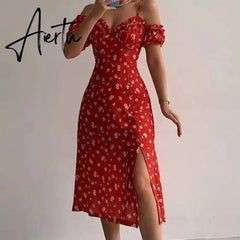 Aieru Sexy Sling Ruffle Strapless Slit Party Dress Women Summer Elegant Off Shoulder V Neck Long Dress Spring Floral Print Slim Dress Aiertu