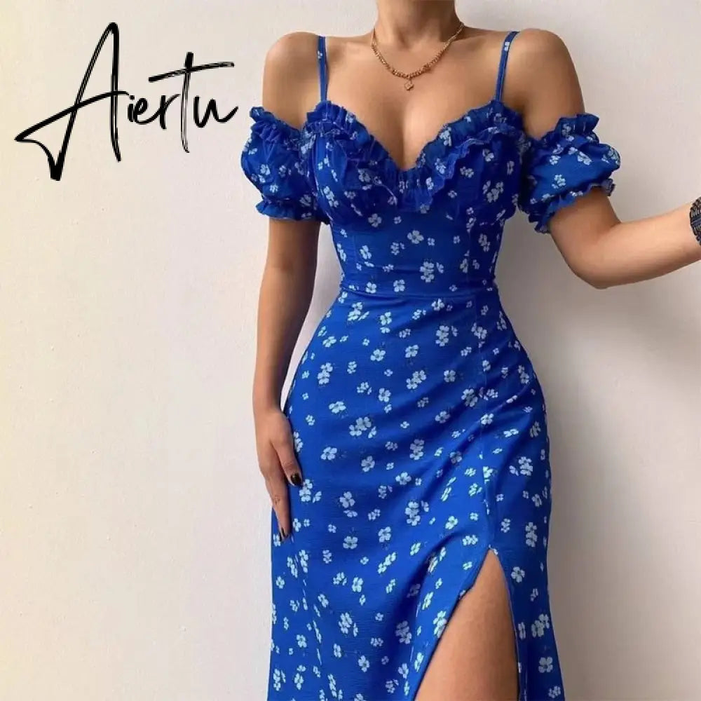 Aieru Sexy Sling Ruffle Strapless Slit Party Dress Women Summer Elegant Off Shoulder V Neck Long Dress Spring Floral Print Slim Dress Aiertu