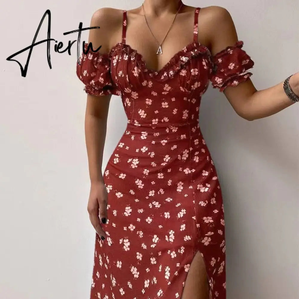 Aieru Sexy Sling Ruffle Strapless Slit Party Dress Women Summer Elegant Off Shoulder V Neck Long Dress Spring Floral Print Slim Dress Aiertu
