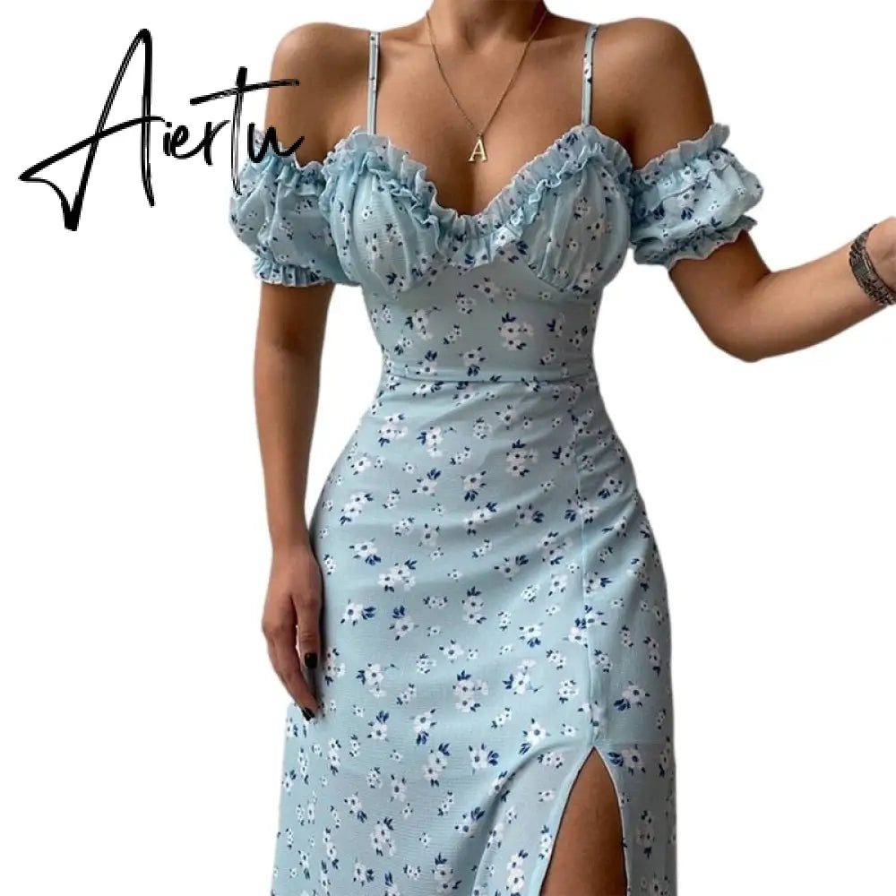 Aieru Sexy Sling Ruffle Strapless Slit Party Dress Women Summer Elegant Off Shoulder V Neck Long Dress Spring Floral Print Slim Dress Aiertu