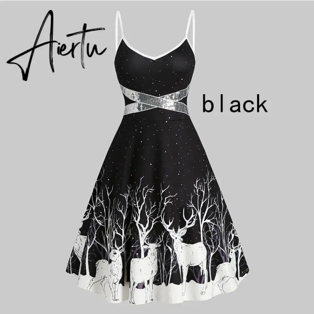 Aieru Winter Women Christmas Dress Elegant Puff Long Sleeve Faux Fur Collar Midi Party Costume Xmas New Year Festival Robe Aiertu