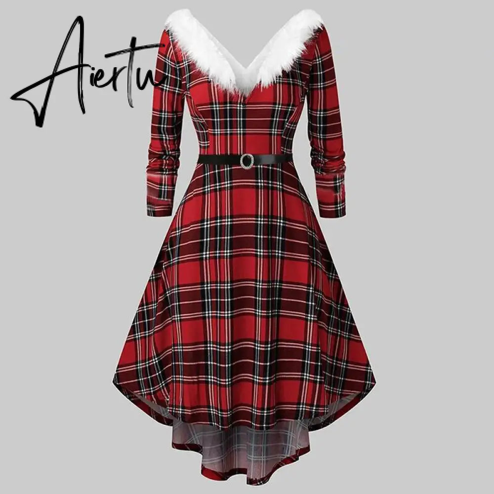 Aieru Winter Women Christmas Dress Elegant Puff Long Sleeve Faux Fur Collar Midi Party Costume Xmas New Year Festival Robe Aiertu