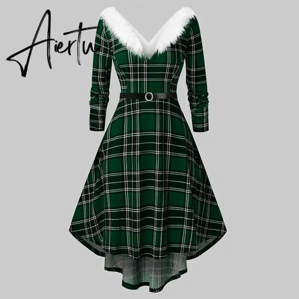 Aieru Winter Women Christmas Dress Elegant Puff Long Sleeve Faux Fur Collar Midi Party Costume Xmas New Year Festival Robe Aiertu