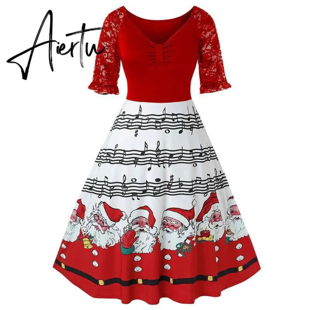 Aieru Winter Women Christmas Dress Elegant Puff Long Sleeve Faux Fur Collar Midi Party Costume Xmas New Year Festival Robe Aiertu