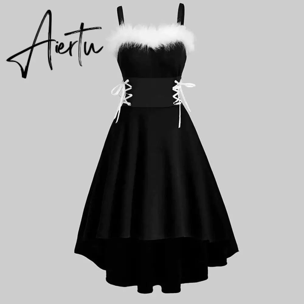 Aieru Winter Women Christmas Dress Elegant Puff Long Sleeve Faux Fur Collar Midi Party Costume Xmas New Year Festival Robe Aiertu