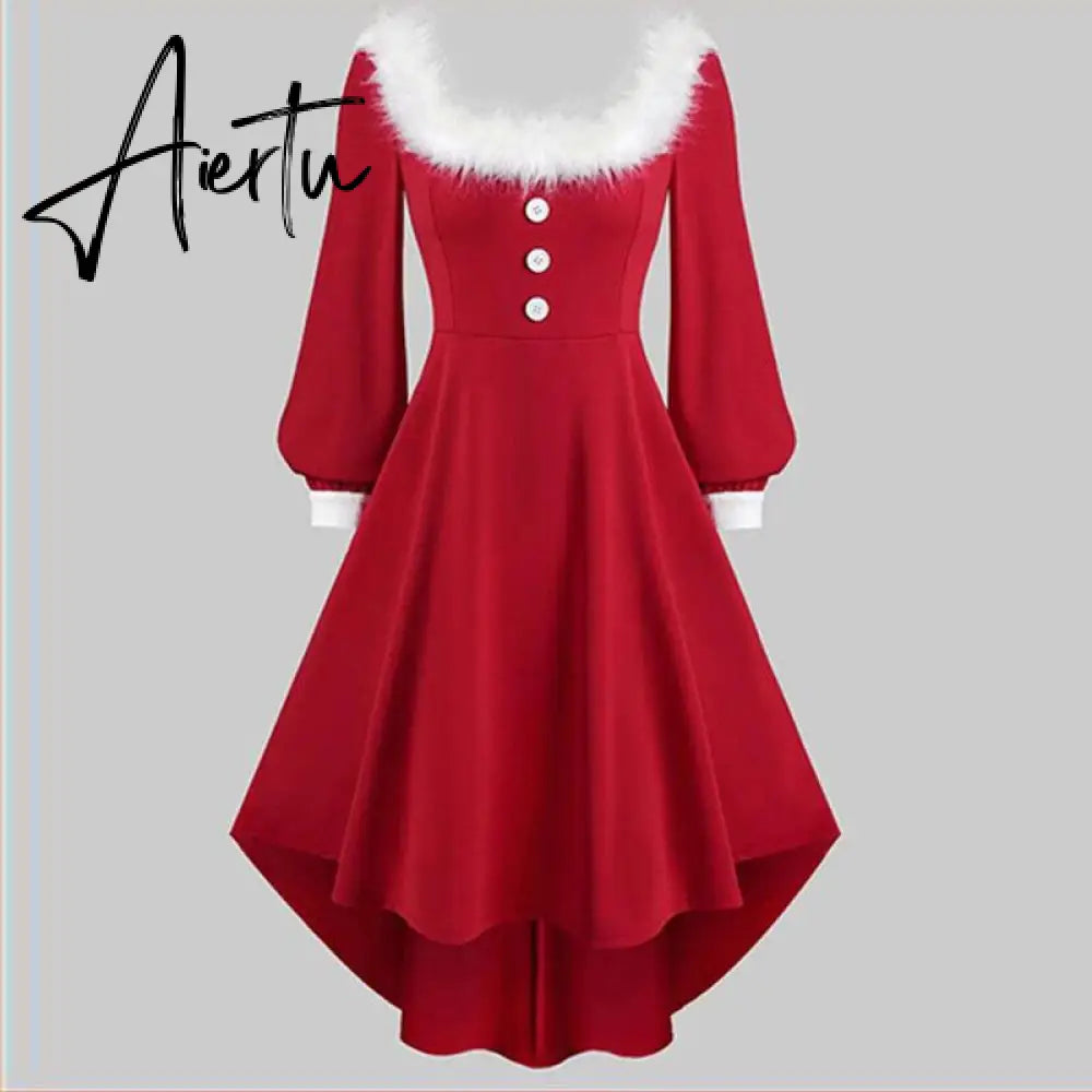 Aieru Winter Women Christmas Dress Elegant Puff Long Sleeve Faux Fur Collar Midi Party Costume Xmas New Year Festival Robe Aiertu