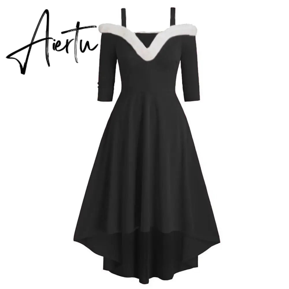 Aieru Winter Women Christmas Dress Elegant Puff Long Sleeve Faux Fur Collar Midi Party Costume Xmas New Year Festival Robe Aiertu