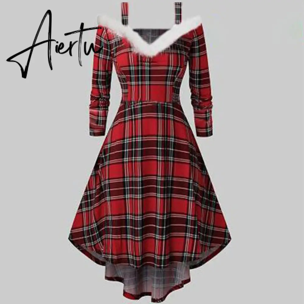 Aieru Winter Women Christmas Dress Elegant Puff Long Sleeve Faux Fur Collar Midi Party Costume Xmas New Year Festival Robe Aiertu