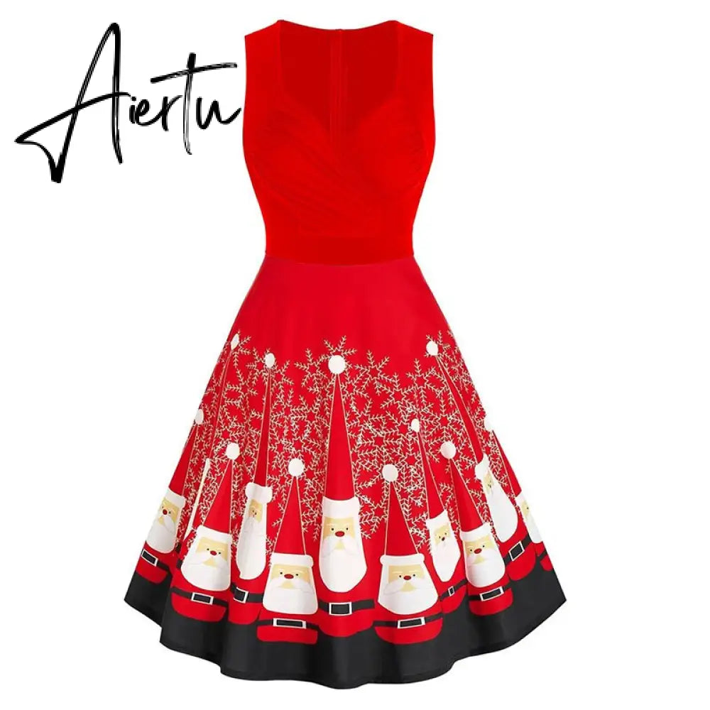 Aieru Winter Women Christmas Dress Elegant Puff Long Sleeve Faux Fur Collar Midi Party Costume Xmas New Year Festival Robe Aiertu