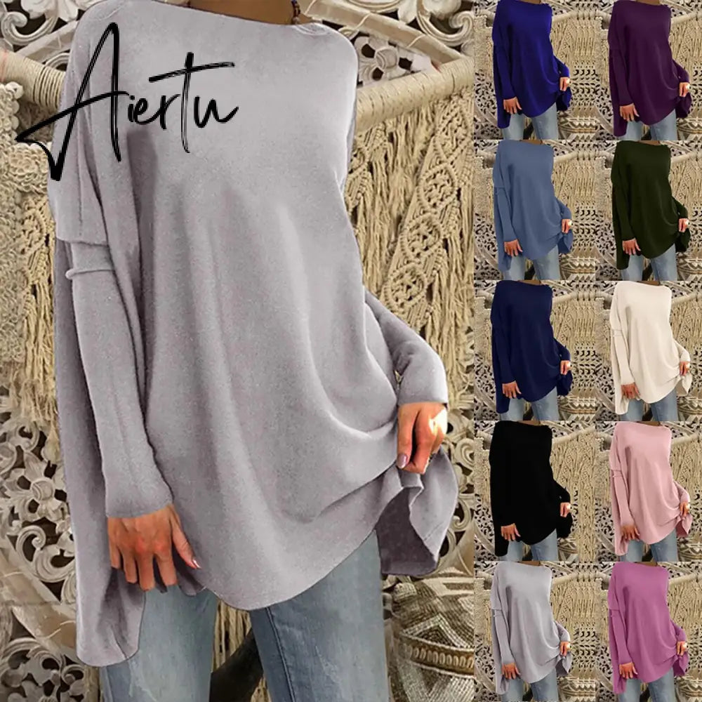 Aieru Woman Tshirts Solid Basic Casual Loose Pullover Long Sleeve T-shirt Tops Oversized T Shirt Aiertu
