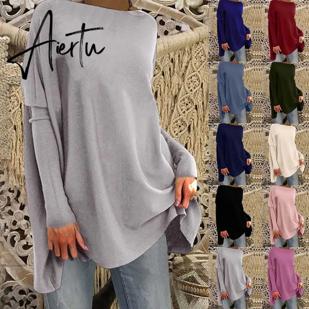 Aieru Woman Tshirts Solid Basic Casual Loose Pullover Long Sleeve T-shirt Tops Oversized T Shirt Aiertu