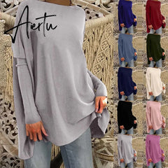 Aieru Woman Tshirts Solid Basic Casual Loose Pullover Long Sleeve T-shirt Tops Oversized T Shirt Aiertu