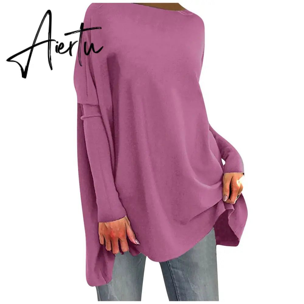Aieru Woman Tshirts Solid Basic Casual Loose Pullover Long Sleeve T-shirt Tops Oversized T Shirt Aiertu