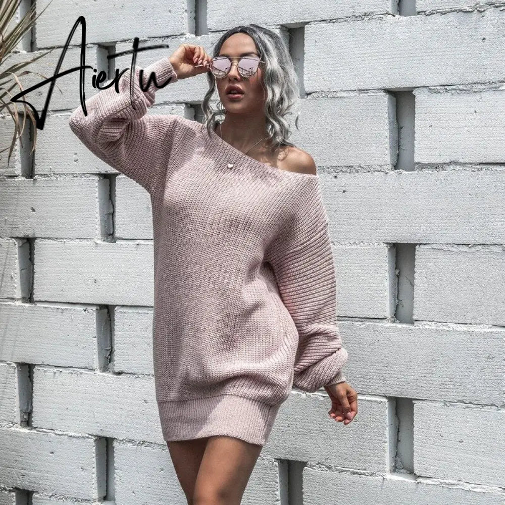 Aieru Women's Autumn and Winter New Knitted Sweater Dresses Casual Off Shoulder Lantern Sleeve Knitted Sweater Skirts Pull Femme 18045 Aiertu
