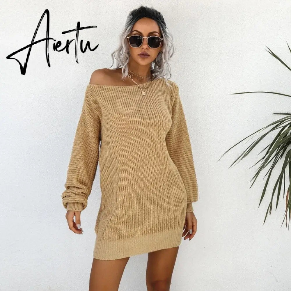 Aieru Women's Autumn and Winter New Knitted Sweater Dresses Casual Off Shoulder Lantern Sleeve Knitted Sweater Skirts Pull Femme 18045 Aiertu